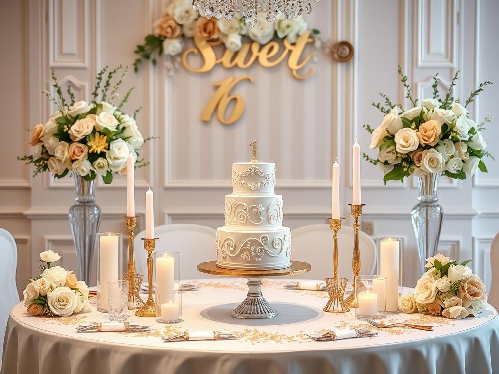 Elegant sweet 16 cake tablescape with floral arrangements and candles