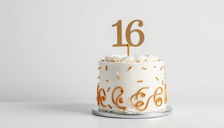 Elegant sweet sixteen birthday cake with gold decorations and sixteen candles