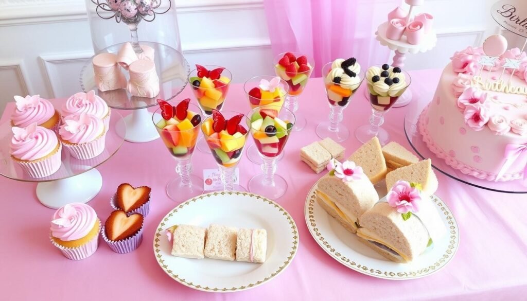 Elegant table of fancy treats including cupcakes, parfaits and tea sandwiches for a Fancy Nancy birthday party