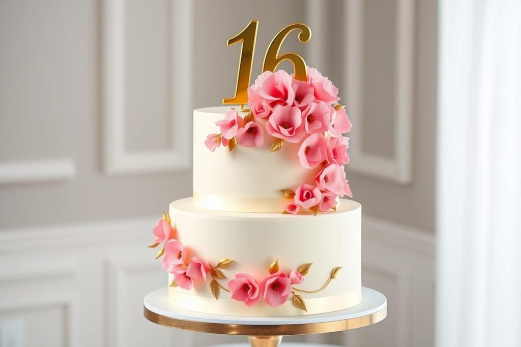 Elegant three-tier sweet 16 cake with cascading flowers