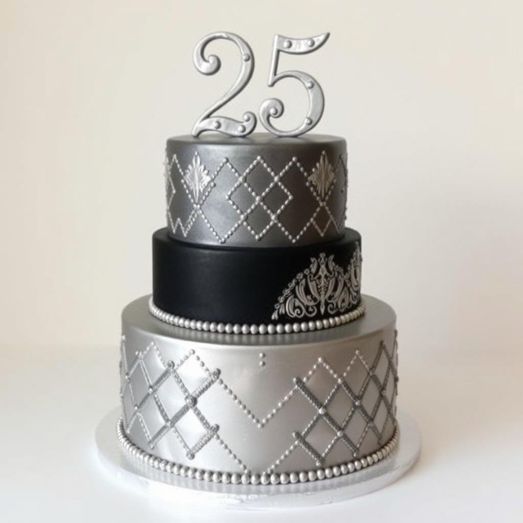 Elegant tiered 25th birthday cake with silver and black design
