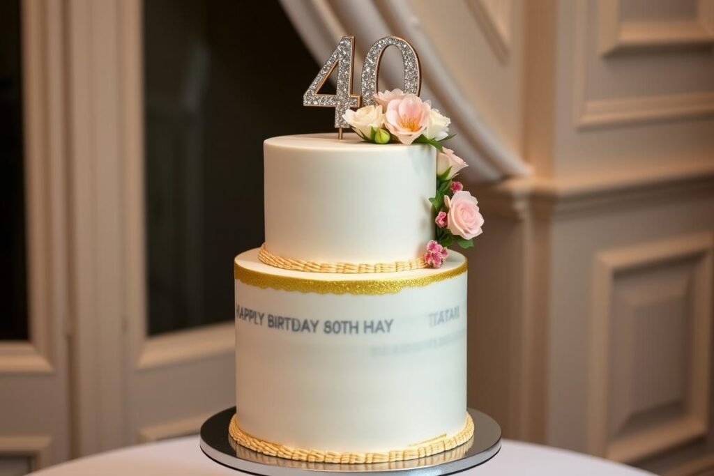 Elegant tiered 40th birthday cake with gold accents Elegant tiered 40th birthday cake with gold accents