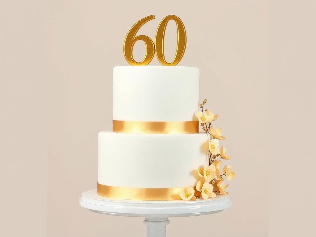 Elegant tiered 60th birthday cake with gold number topper