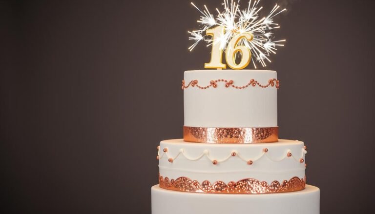 Elegant tiered sweet 16 cake with rose gold decorations and sparklers