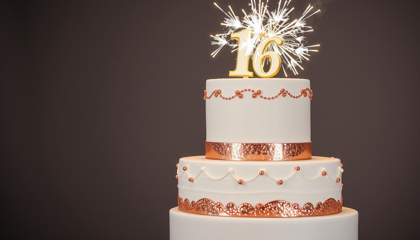 Elegant tiered sweet 16 cake with rose gold decorations and sparklers
