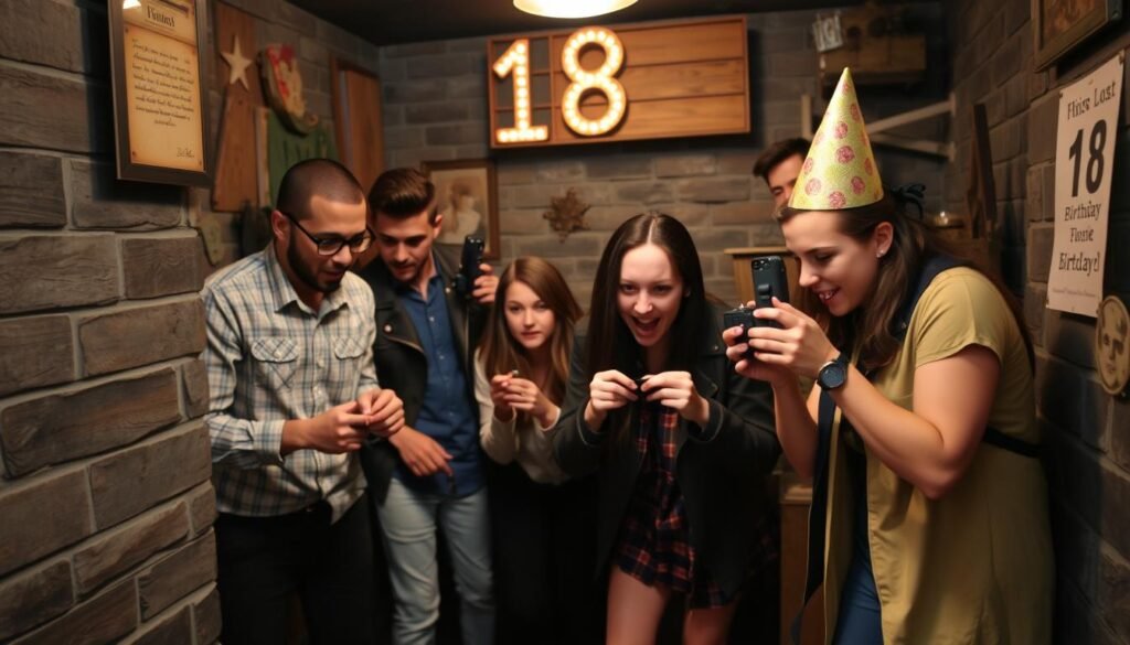 Escape room challenge for 18th birthday with friends solving puzzles and clues together