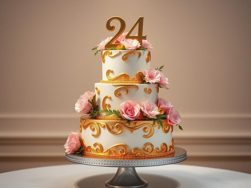 Extravagant multi-tiered 24th birthday cake with gold leaf and flowers