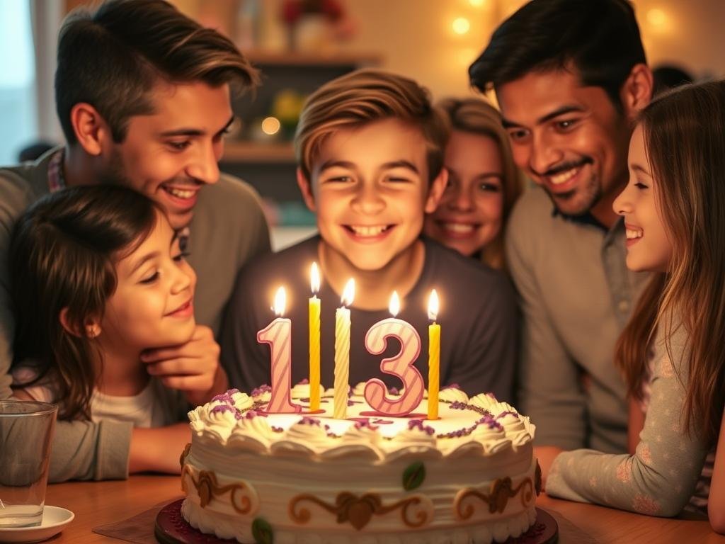 Family celebrating around a 13th birthday cake with candles Family celebrating around a 13th birthday cake with candles