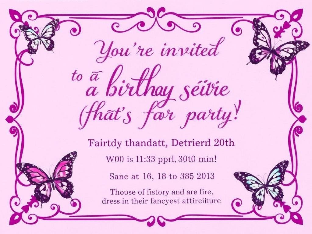 Fancy Nancy themed birthday party invitation with decorative script and butterfly accents