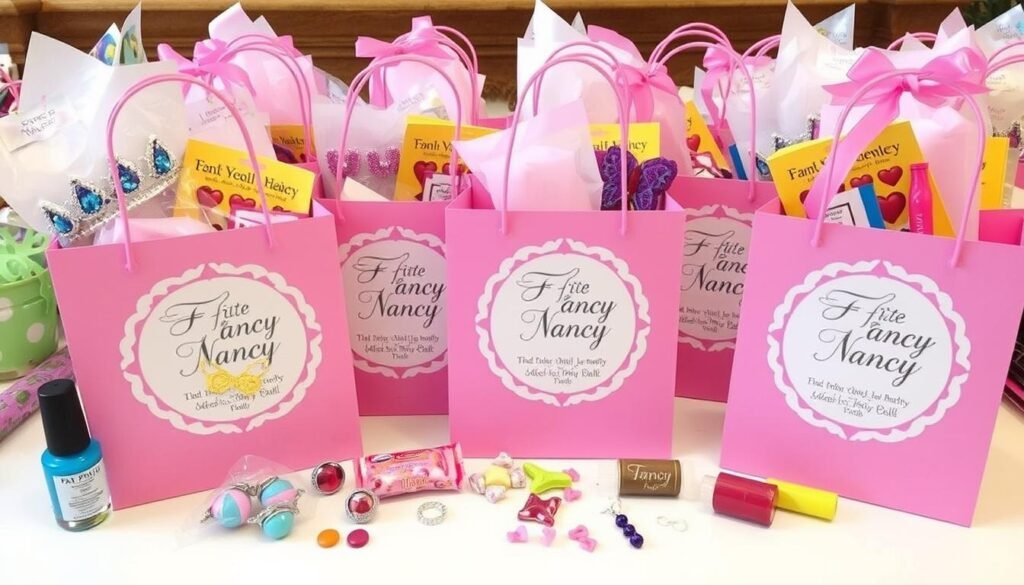 Fancy Nancy themed party favor bags with tiaras, butterfly accessories, and fancy treats