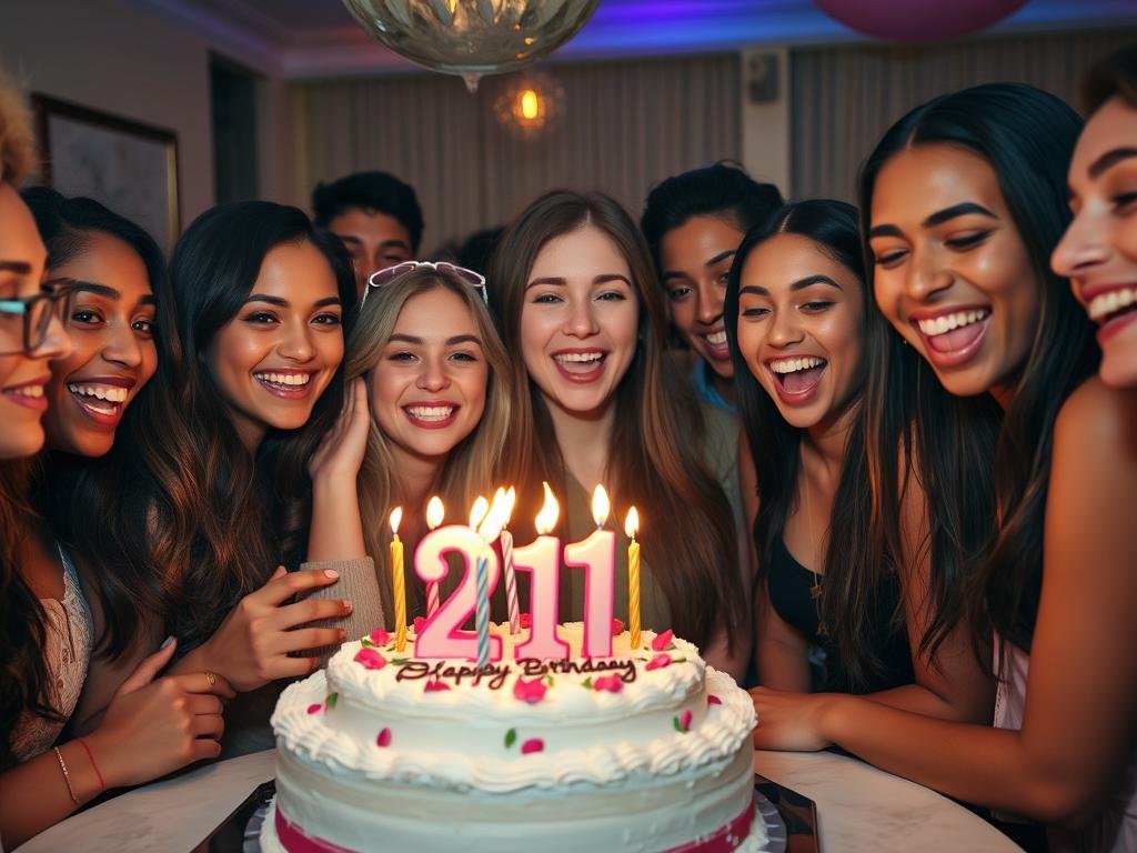 Friends celebrating around a 21st birthday cake with candles
