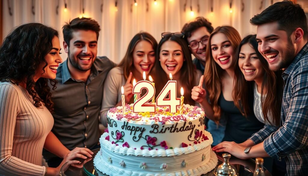 Friends celebrating around a 24th birthday cake