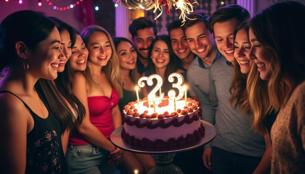 Friends celebrating around a beautiful 23 birthday cake