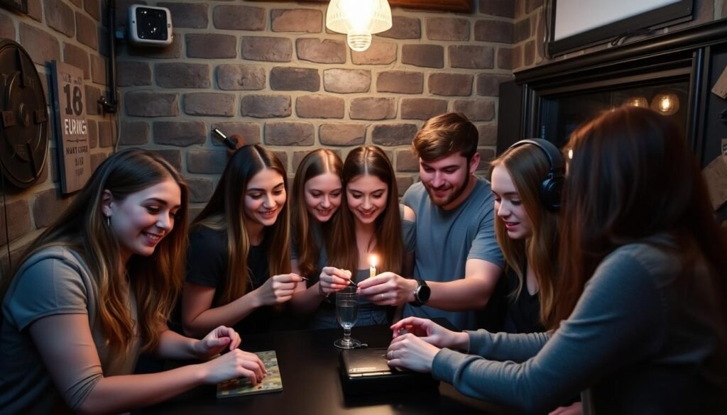 Friends enjoying an escape room activity for an 18th birthday celebration Friends enjoying an escape room activity for an 18th birthday celebration