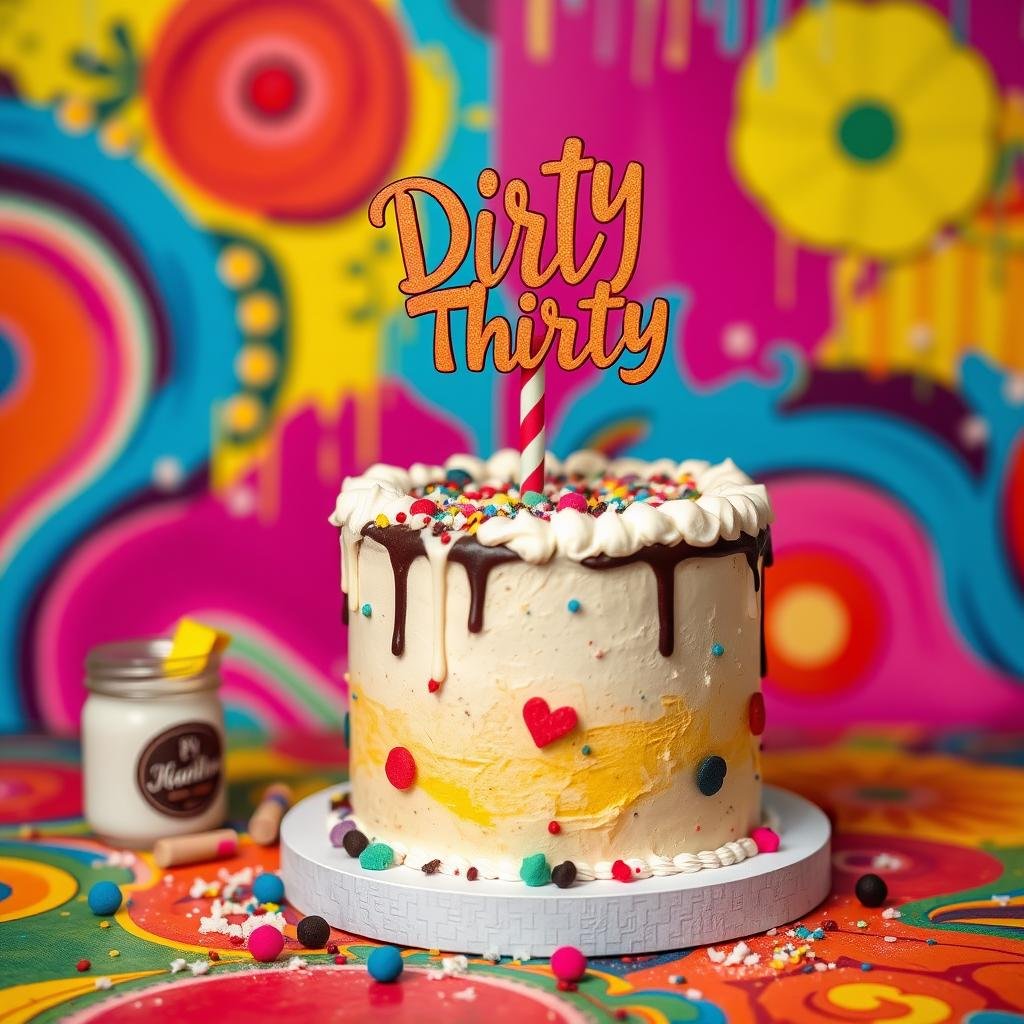 Fun 'Dirty Thirty' themed birthday cake with playful decorations