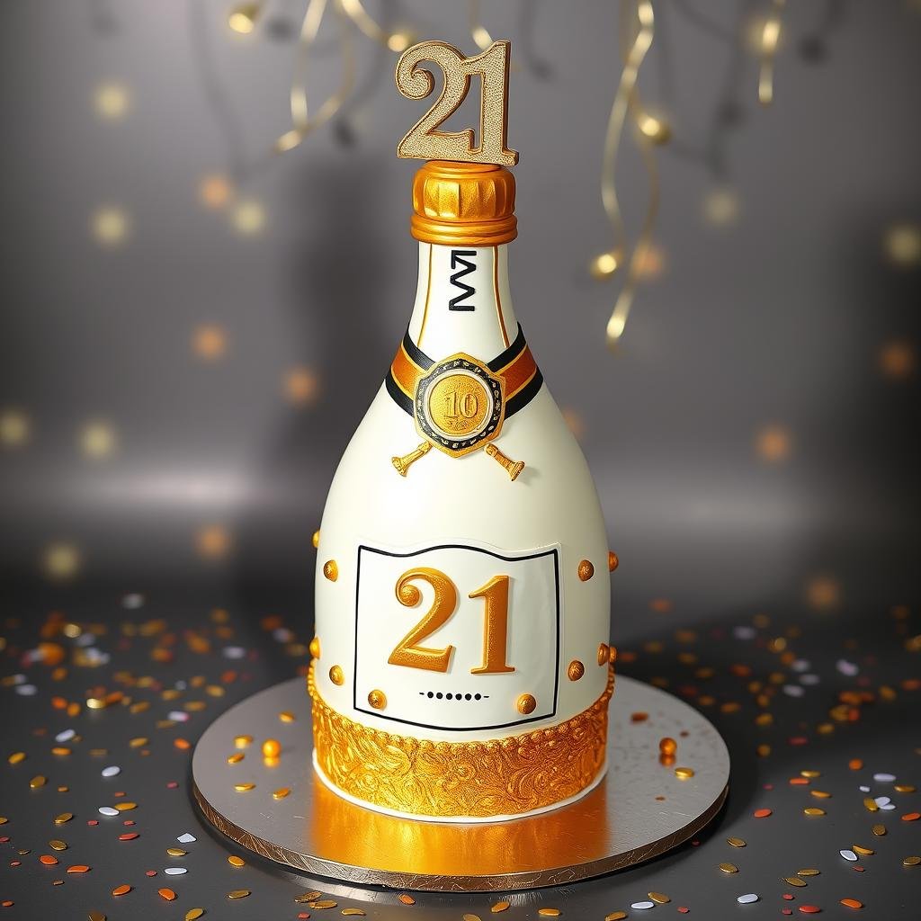 Fun champagne bottle themed 21st birthday cake
