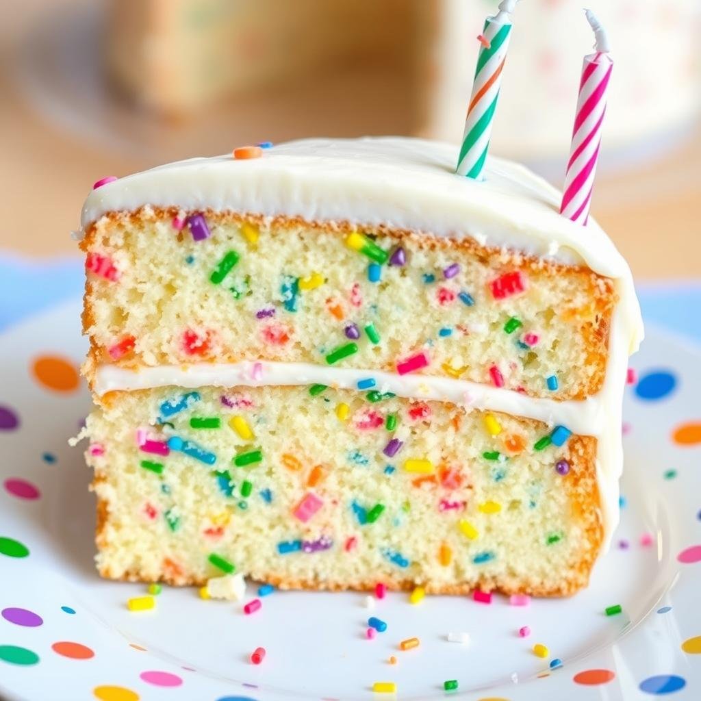 Funfetti cake with colorful sprinkles throughout and vanilla frosting