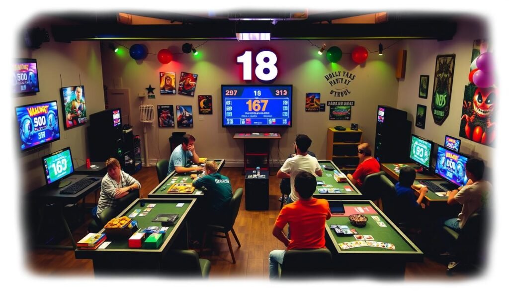Game tournament party for 18th birthday with various gaming stations, competitive atmosphere, and gaming decorations