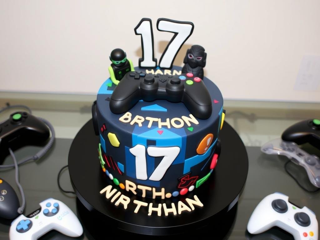 Gaming themed 17th birthday cake with controller decorations