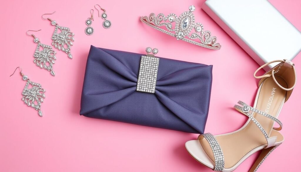 Glamorous birthday outfit accessories including statement jewelry and clutch