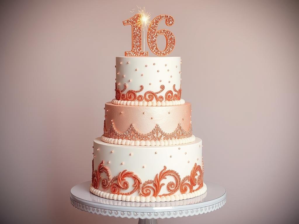 Glamorous rose gold and white tiered 16th birthday cake with sparklers