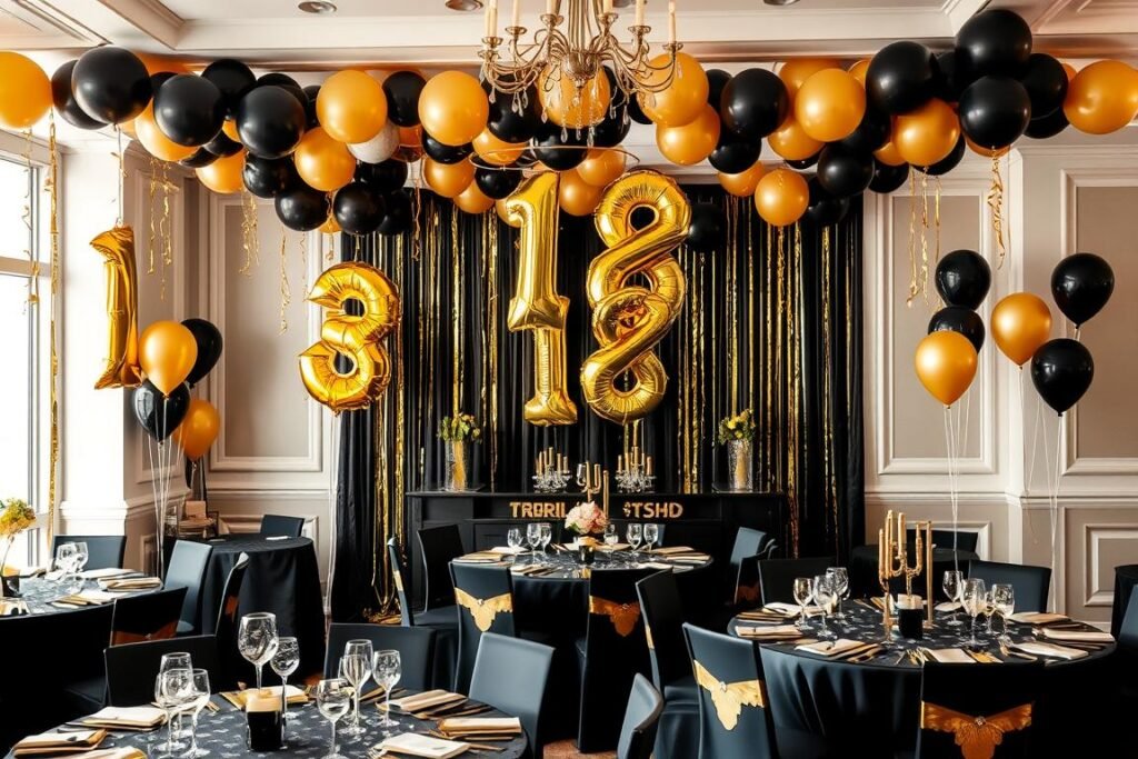Gold and black 18th birthday decoration theme with balloons and table setting