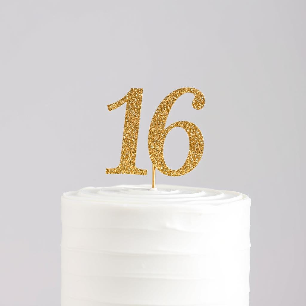 Gold glitter '16' cake topper on white cake