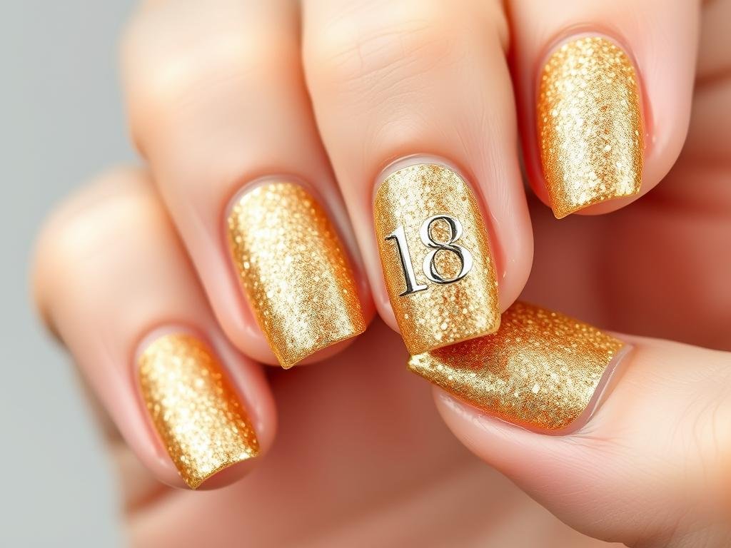 Gold glitter 18th birthday nails with accent design