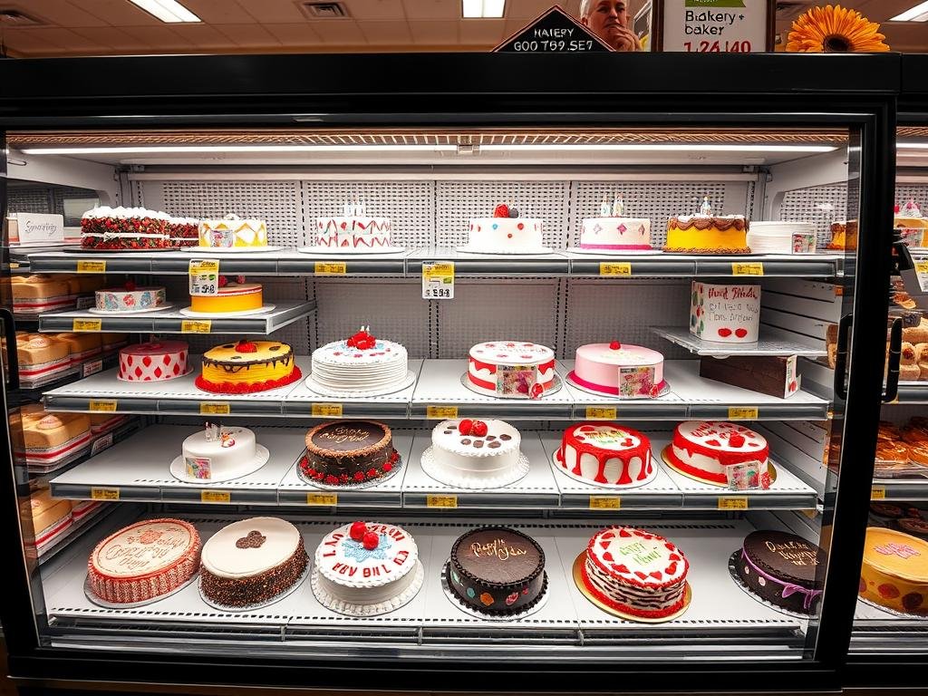 Grocery store bakery display of birthday cakes