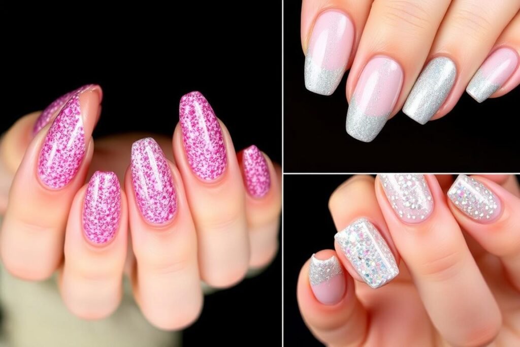 Hands with various glitter birthday nail designs including ombre glitter tips