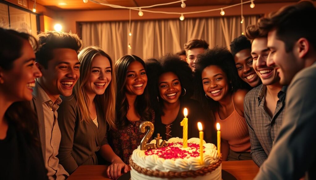 Happy celebration around a 21st birthday cake with friends and family