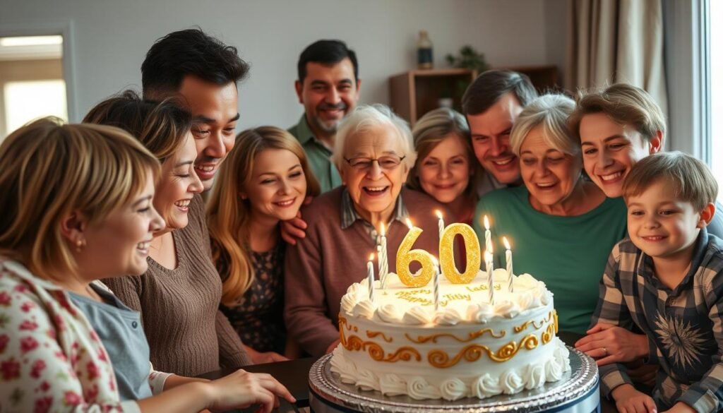 Happy celebration around a beautifully decorated 60th birthday cake