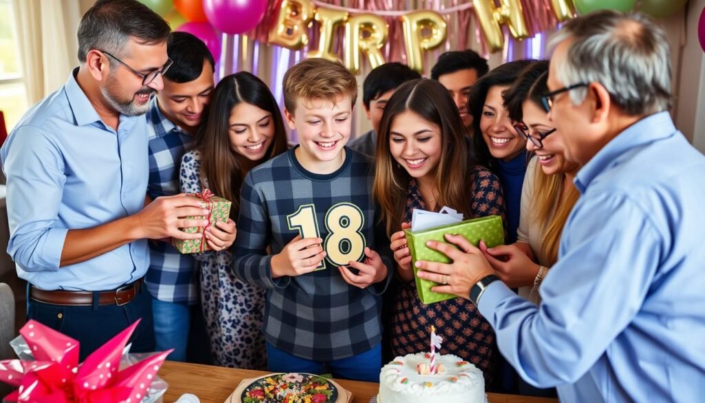 Happy celebration of 18th birthday with gifts and loved ones