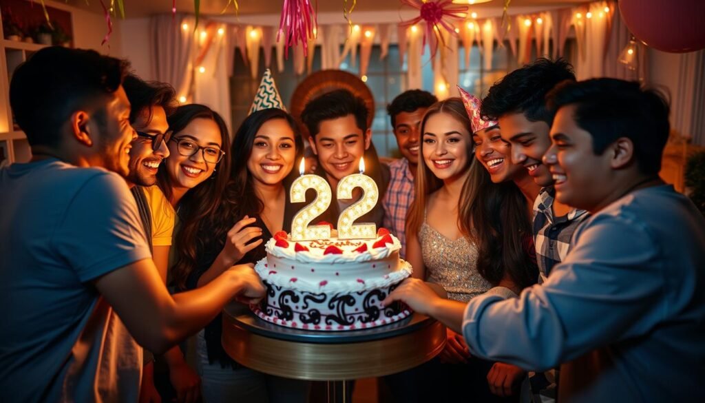 Happy celebration with friends around a 22 birthday cake