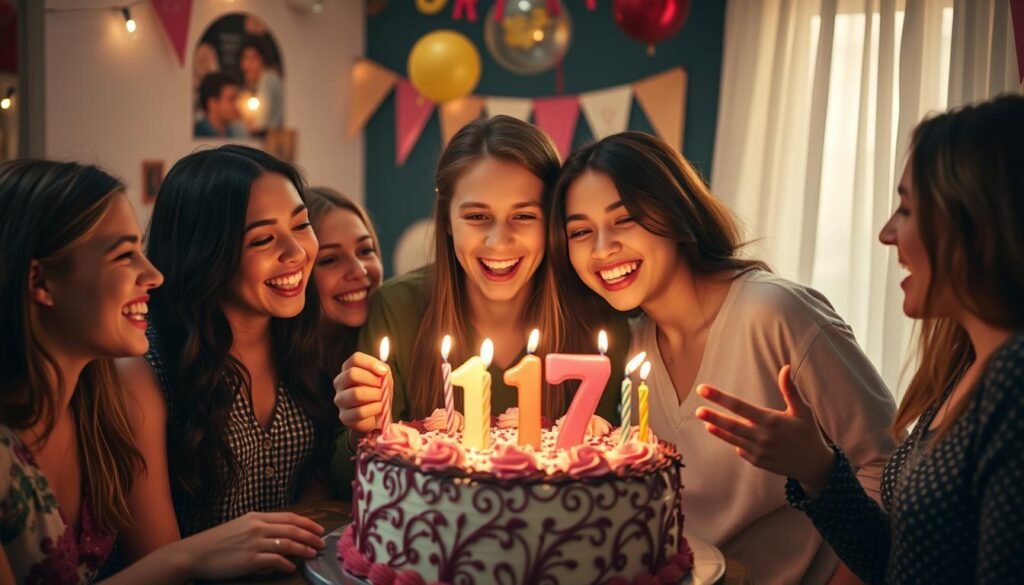 Happy teenager celebrating 17th birthday with friends around a beautifully decorated cake