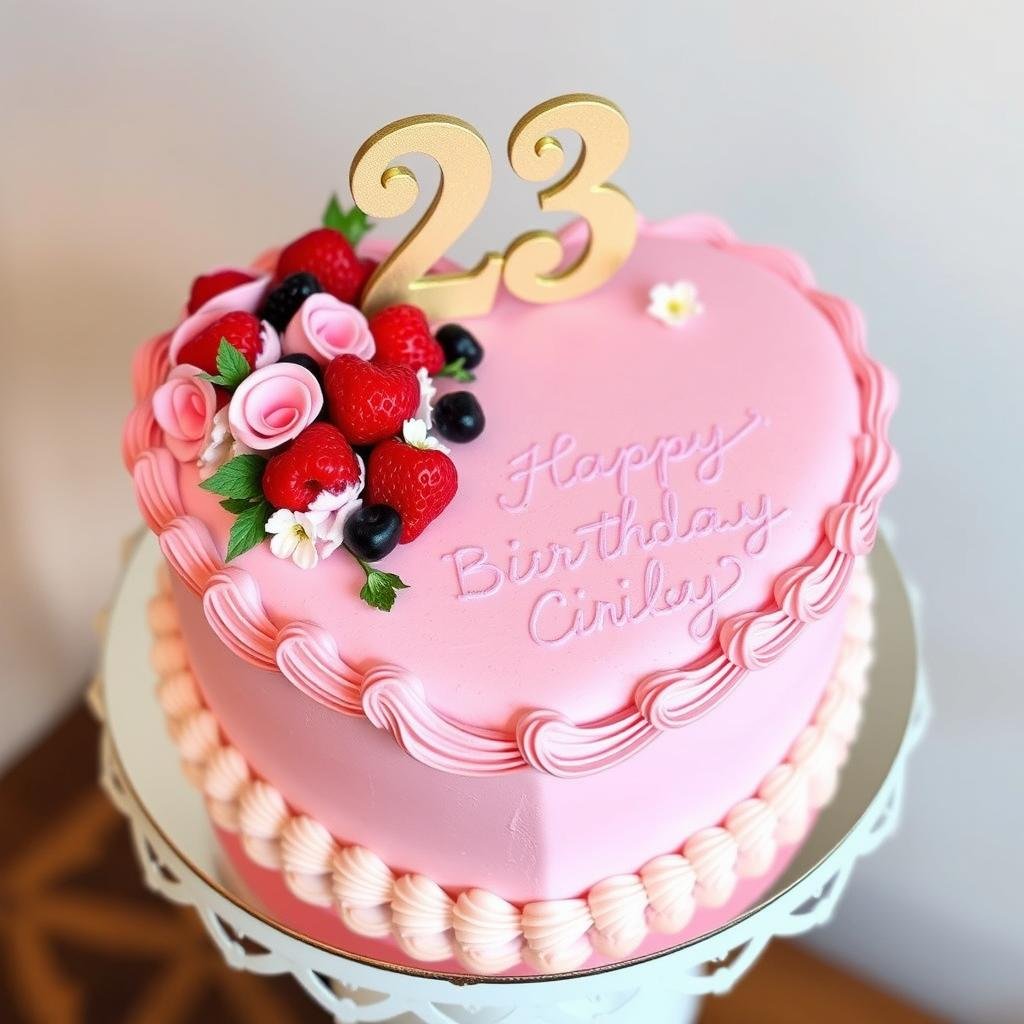 Heart-shaped 23 birthday cake with romantic decorations