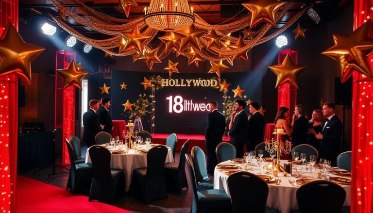Hollywood Glamour 18th birthday party with red carpet, gold decorations, and elegant attire