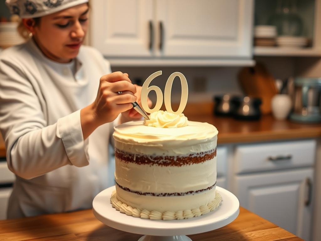 Home baker decorating a simple but elegant 60th birthday cake