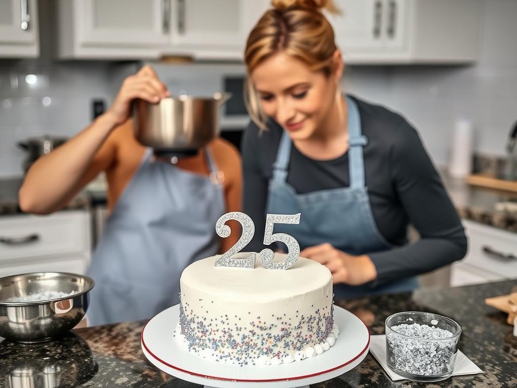 Home baker preparing a 25th birthday cake in kitchen
