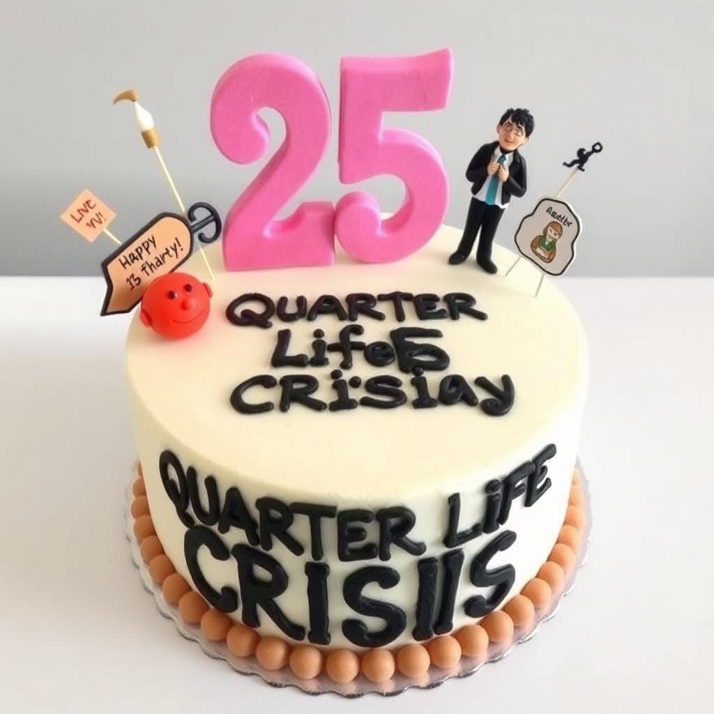 Humorous 25th birthday cake with quarter-life crisis theme