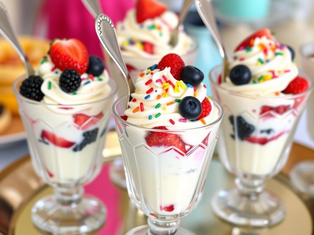 Ice cream parfaits with colorful toppings in decorative glasses for a Fancy Nancy birthday party