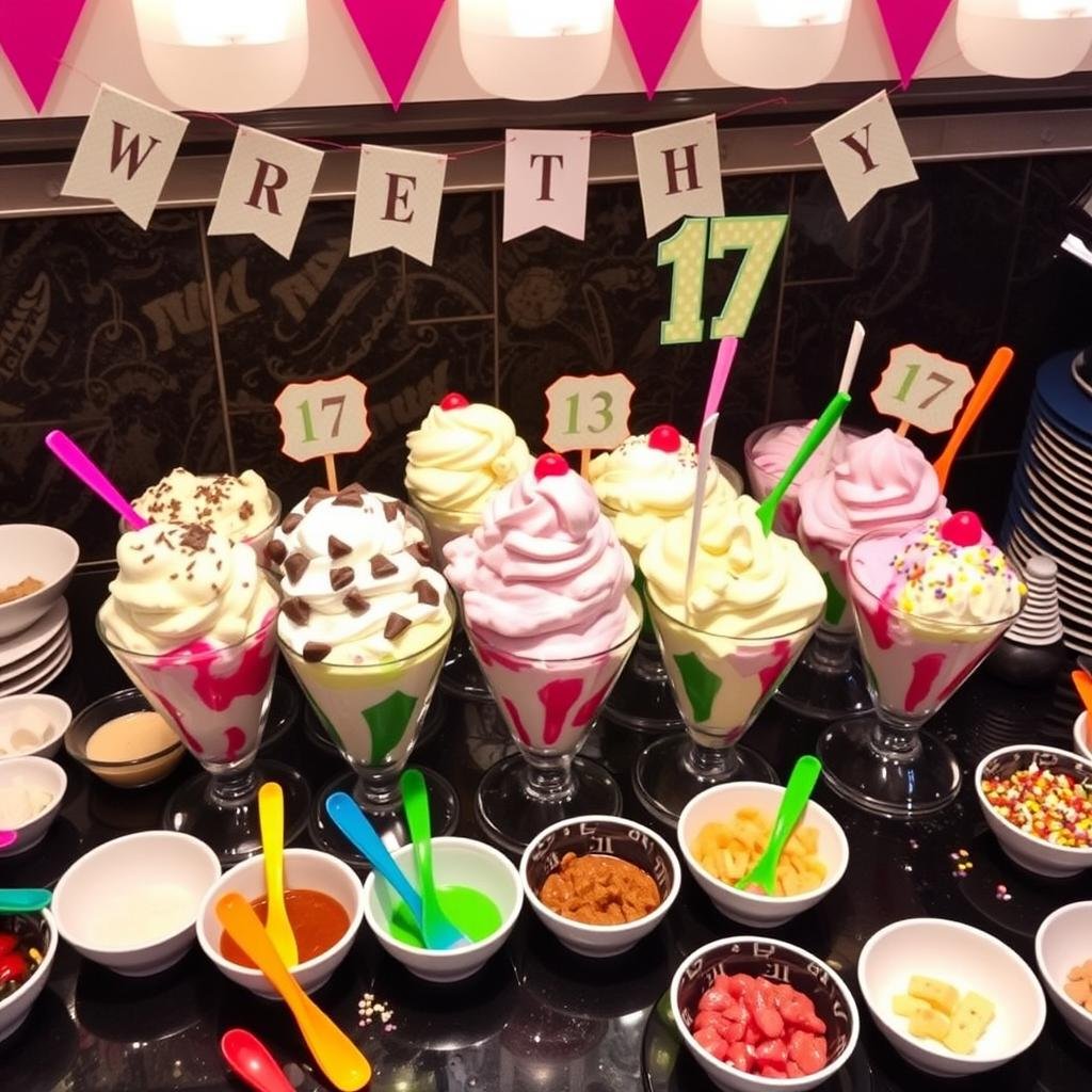 Ice cream sundae bar with various toppings