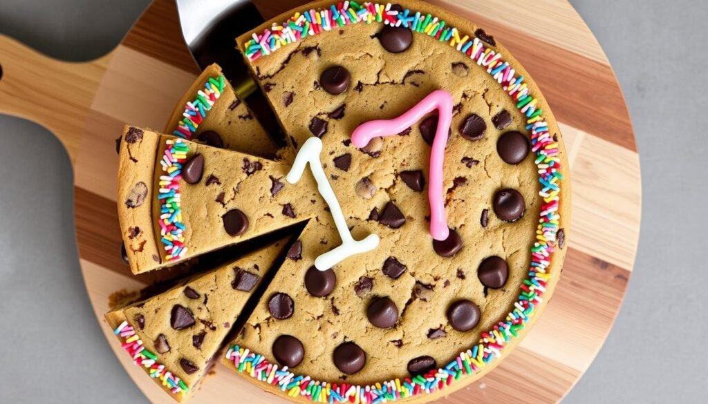 Large chocolate chip cookie cake with '17' written in colorful frosting