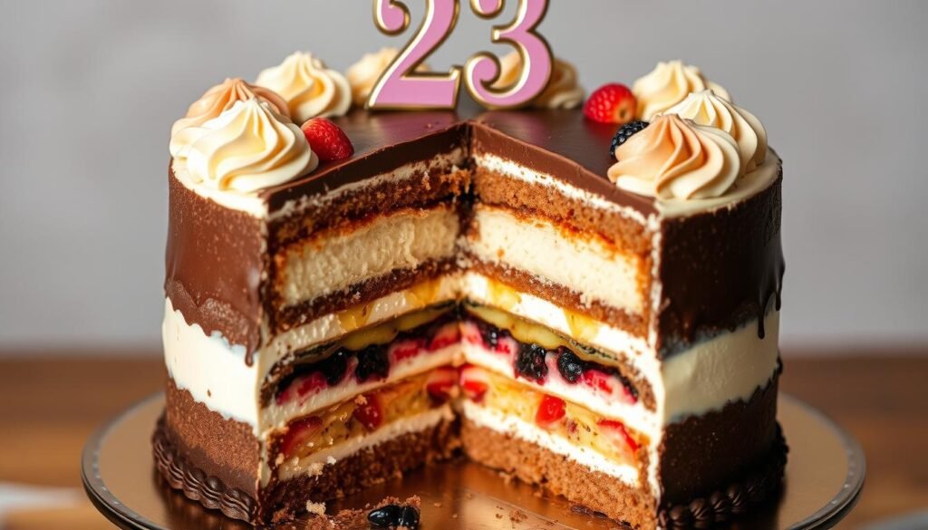 Layered 23 birthday cake showing multiple flavor combinations