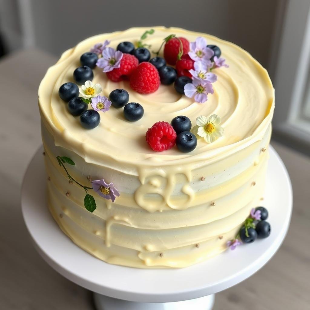 Lemon elderflower 60th birthday cake with fresh berries