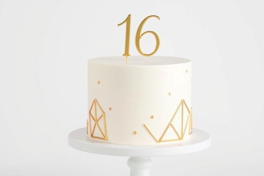Minimalist white sweet 16 cake with gold geometric accents