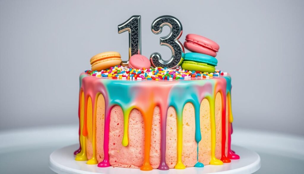 Modern 13th birthday cake with drip effect and number topper Modern 13th birthday cake with drip effect and number topper