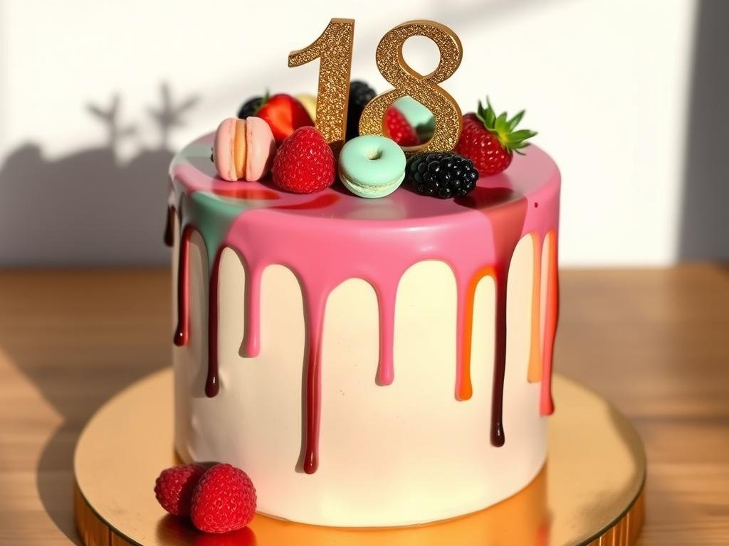 Modern 18th birthday drip cake with fresh fruit and macarons