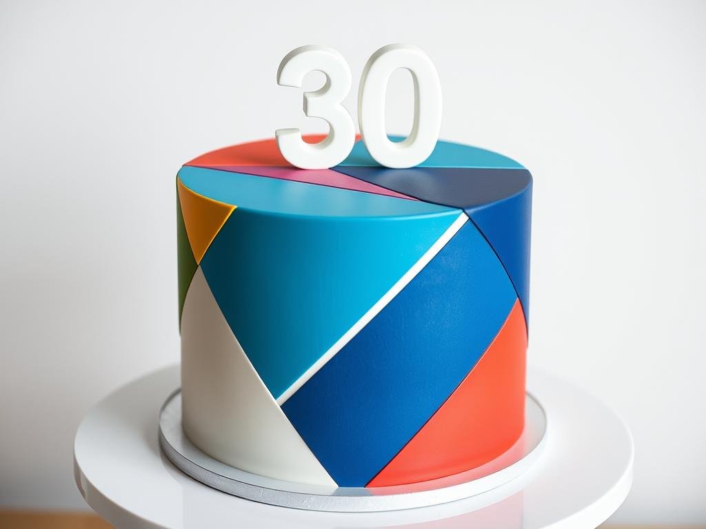 Modern geometric 30th birthday cake with bold colors