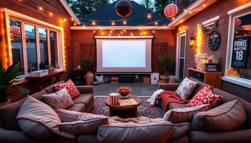 Movie marathon party for 18th birthday with comfortable seating, projector screen, and movie-themed decorations